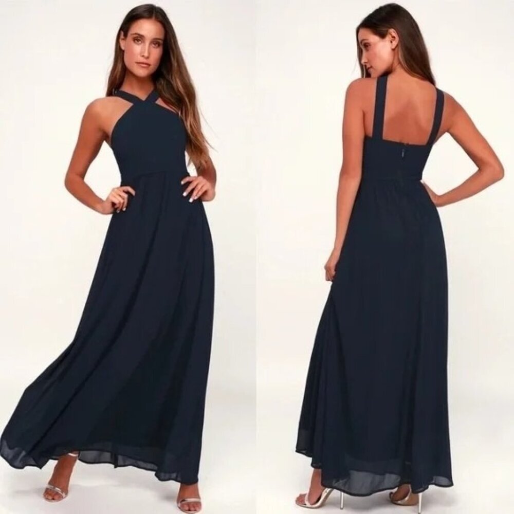 Lulus Air of Romance Navy Blue Maxi Dress Evening Gown Bridesmaids Dress Size S